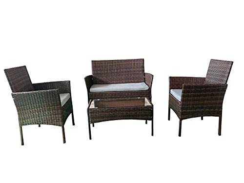 SHATCHI 4pcs Wicker Set of Two Seater Rattan Sofa, Table and 2 Chairs Indoor/Outdoor Garden Furniture Patio Conservatory