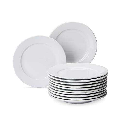 Amazon Commercial Dinner Plate Set, 12-Piece Porcelain, 7.5 Inch Wide Rim, White