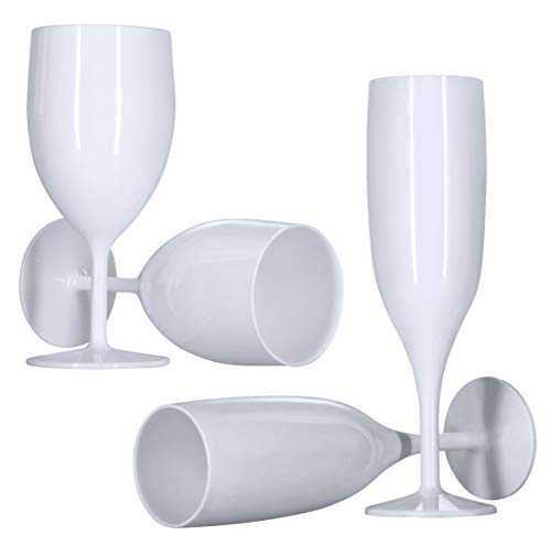 48 Flutes, 48 Wine Glasses (White) Pack of 96 Reusable Plastic Champagne Prosecco 175ml 300ml Strong Sturdy Glossy Bright 1-Piece Dishwasher Safe for Weddings, Hen Do, Parties, Outdoors, Hot Tub