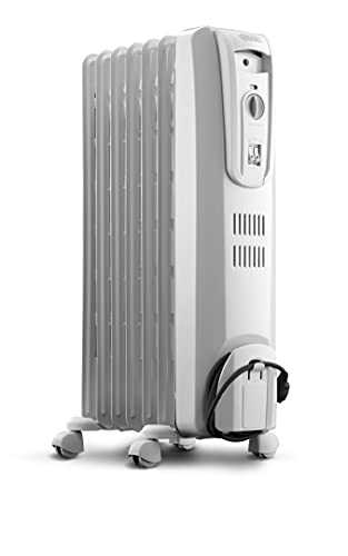 DeLonghi Oil-Filled Radiator Space Heater, Full Room Quiet 1500W, Adjustable Thermostat 3 Heat Settings, Energy Saving, Safety Features, Light Gray, TRH0715