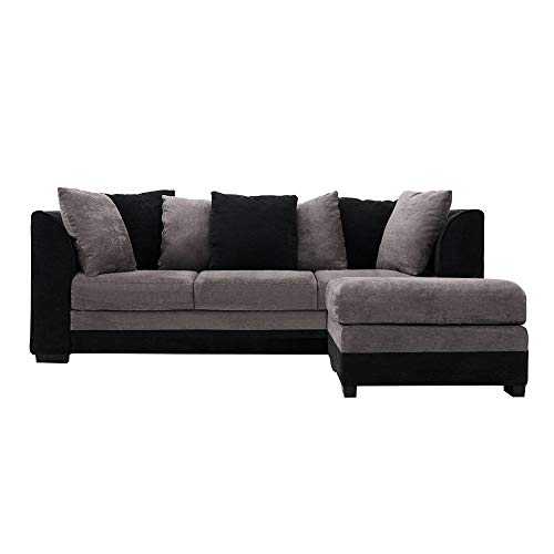 Modern 3 Seater Sofa Corner Sofa L Shaped Sofa Couch Settee with Footstool Fabric Sofa Left or Right Chaise Group Sofa, Gray and Black, Assembly Required