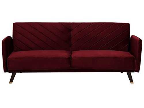Retro Velvet Fabric Sofa Bed 3 Seater Dark Red Convertible Reclining Senja