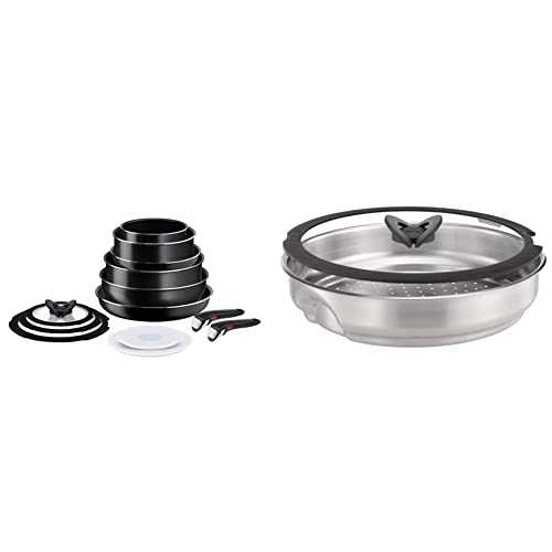 Ingenio Easy ON Pots & Pans Set, 13 Pieces, Stackable, Removable Handle, Space Saving, Non-Stick, Non Induction, Black, L1599243 & Ingenio Stainless Steel Steamer with Glass Lid