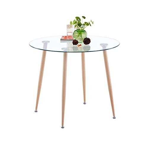 GOLDFAN Modern Round Glass Dining Table Kitchen Tables with Wood Style Metal Legs for Dining Room Office, 90cm