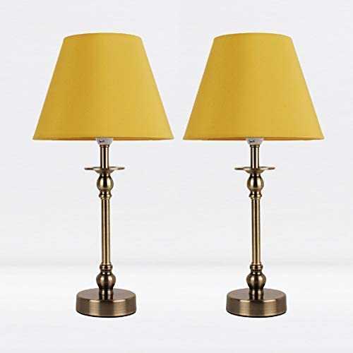 Set of 2 Antique Brass Plated Bedside Table Light with Detailed Column and Ochre Fabric Shade