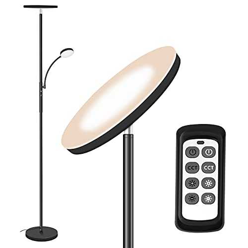 Floor Lamp,Totofac Sky LED Modern Torchiere 3 Color Temperatures Super Bright Floor Lamps,27W Main Light and 7W Side Reading Lamp for Living Room, Bedroom, Work with Remote Control & Touch Control