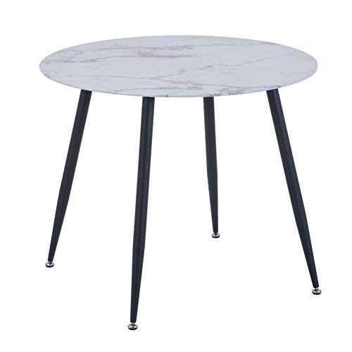 GOLDFAN Round Marble Glass Dining Table Modern High Gloss Kitchen Table with Chrome-plated Legs for Dining Room, Black