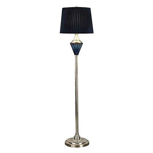 Home Floor Lamp European Crystal Floor Lamp Retro LED Floor Lamp Bedroom Living Room Study Decoration Vertical Lamp Bedside Table Lamp with Dark Blue Double-Layer Fabric Lampshade, Foot Switch, 59.1"
