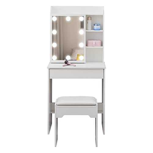 OFCASA White Dressing Table with Hollywood LED Lights 1 Drawer Vanity Table with Slide Mirror and Stool Adjustable LED Lights for Bedroom 60 x 40 x 130cm