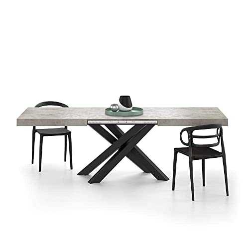 Mobili Fiver, Emma 160(240) x90 cm Extendable Table, Concrete Grey Effect with Black Crossed Legs, Made In Italy