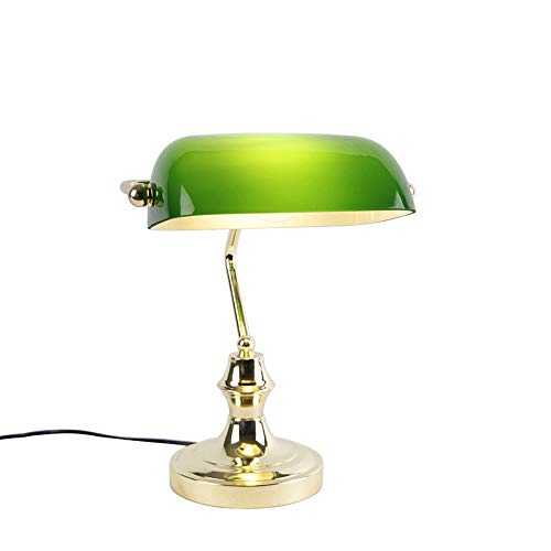 Qazqa - Classic Notary lamp Brass with Green - Banker - Classic | Antique - Suitable for LED E27 | 1 Light - Glass Table lamp - Suitable for Living Room | Bedroom |