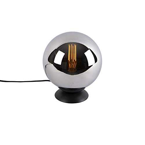 QAZQA Art Deco Art Deco Table Lamp/Table Light 20cm Black with Smoke Shade - Pallon Glass/Steel Globe E27 Max. 1 x 25 Watt/Indoor Lighting/Lights/Lamps/Living Room