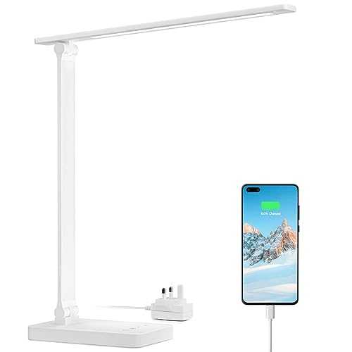 Lepro LED Desk Lamp, Desk Lamp with USB Charging Port, 655lm, Eye Caring Table Lamp, 5 Brightness Levels x 3 Colour Modes, Touch Control Daylight Lamp for Office, Back to School, Bedside, Reading
