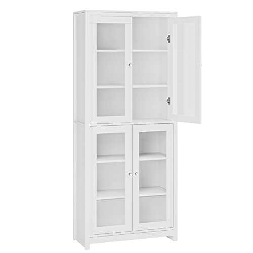 FOREHILL 190cm Display Cabinet with 4 Glass Doors Tall Bookcase Kitchen Cupboard Sideboard Storage Cabinet Living Room White