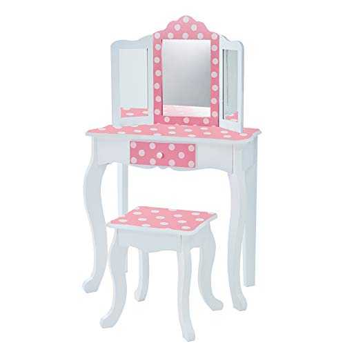 Fantasy Fields Gisele Kids Dressing Tables Vanity Table With Mirror & Stool Pink Polka Dot UK-TD-11670F