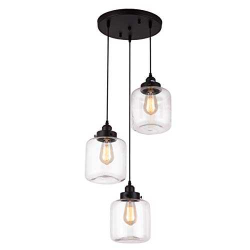 Pendant Light with Transparent Glass Lampshade Matte Black 3-Lights Pendant Lighting Adjustable, Industrial Retro Style, Hanging Light Fixture for Home, Kitchen Island, Dining Room, Foyer, Farmhouse