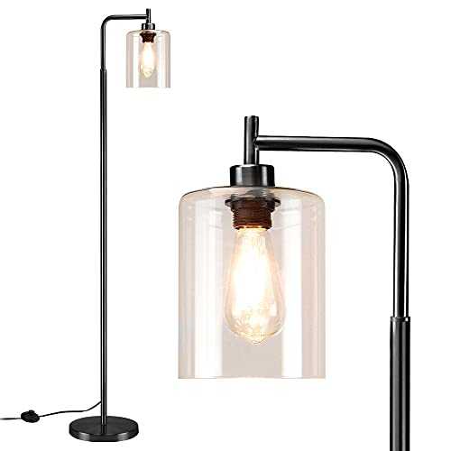 Depuley Led Floor Lamp,Modern Standing Lamp with Hanging Glass Shade,Eye-Care Metal Reading Floor Light,Industrial Warm White Floor Lamps for Living Room,Office,Black(6W A60,E27 Edison Bulb Included)