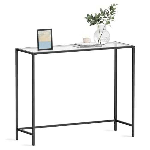 VASAGLE Console Table, Tempered Glass Sofa Table, Modern Entryway Table, Metal Frame, Easy to Assemble, Adjustable Feet, for Living Room, Hallway, Black ULGT026B01