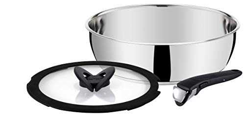Tefal Ingenio Pro L942S314, 3 pieces set (Stainless Steel Sauté Pans with Glass Lid and Black Handle) - 24 cm - Suitable for All Heat Sources Including Induction