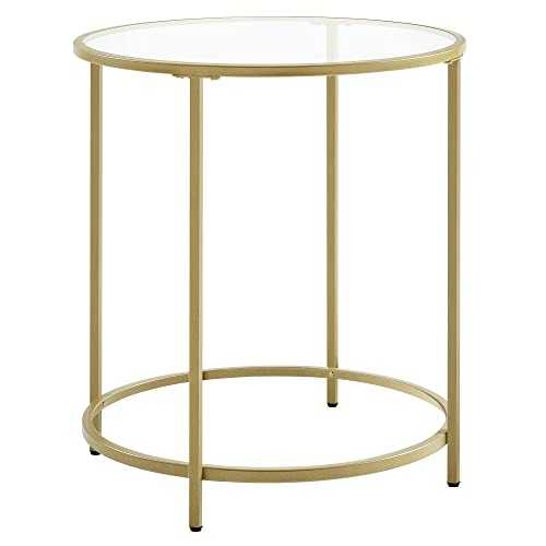 VASAGLE Round Side Table, Tempered Glass End Table With Golden Metal Frame, Small Coffee Table, Bedside Table, Living Room, Balcony, Robust and Stable, Decorative, Gold LGT20G