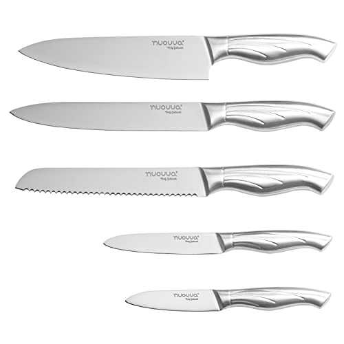 Sharp Kitchen Knife Set - Professional Kitchen Knives - 5 Pieces Stainless Steel Blades with Gift Box - Includes Chefs, Bread, Carving, Utility and Paring Knife - by Nuovva