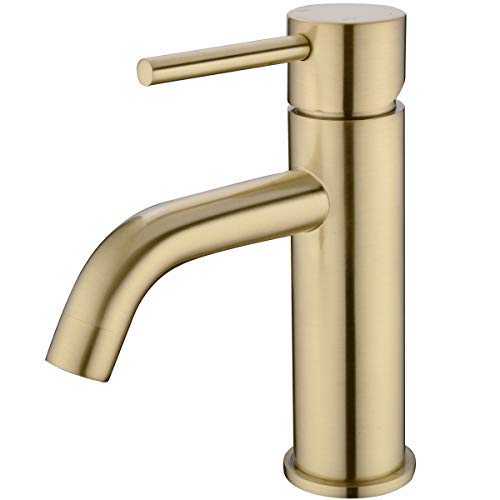 TRUSTMI Brass Bathroom Basin Sink Mixer Tap Single Lever Hot and Cold Mixing Lavatory Washbasin Taps, Brushed Gold