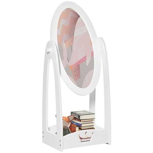 HOMCOM Free Standing Full Length Mirror, Child's Dressing Mirror with storage shelf, Children's White Bedroom Furniture 360° Rotation MDF, For 3- 8 Years Old, 40L x 30W x 104H cm