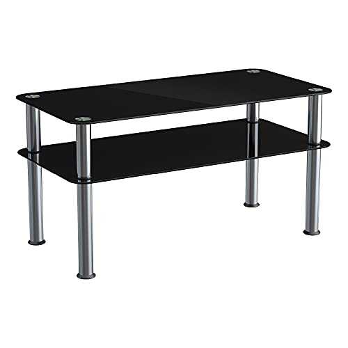 mahara Chrome and Black Coffee Table with Shelf - Tempered Safety Glass Coffee Table - Small Table W80cm x D40cm x H41.5cm - Living Room Furniture/Office Furniture