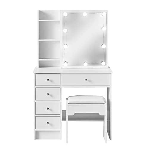 TUKAILAi Dressing Table with Hollywood LED Lights, Dressing Desk with Mirror and Stool, Vanity Make-up Desk Set Makeup Dressing Table with 5 Drawers for Girls Bedroom Furniture