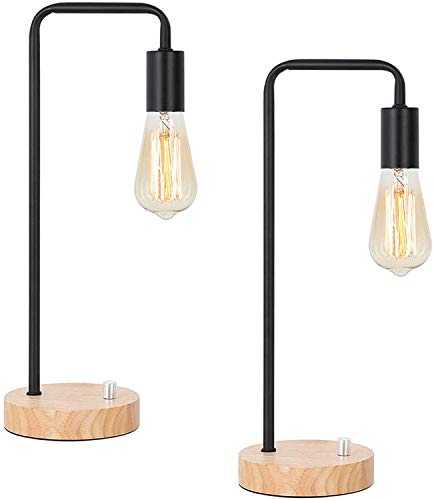 LIANTRAL Industrial Table Lamp Set of 2, Vintage Nightstand Lamp Desk Lamp with Wooden Base, Retro Bedside lamp for Living Room Bedroom, Office - Without Bulb