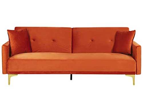 Modern Tufted Velvet Sofa Bed 3 Seater Orange Golden Legs Lucan