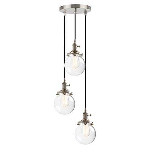 Phansthy Vintage Industrial Pendant Lights with Switch 3 Lights Chandelier Flush Mount Light with Globe Glass Shade E27 Edison Hallway Light Fixtures Ceiling Hanging Lamps for Living Room (Brushed)