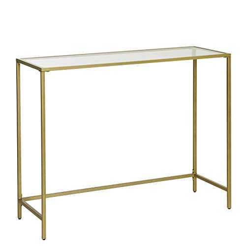 VASAGLE Console Table, Tempered Glass Table, Modern Sofa or Entryway Table, Metal Frame, Sturdy, Adjustable Feet, for Living Room, Hallway, Golden LGT26G