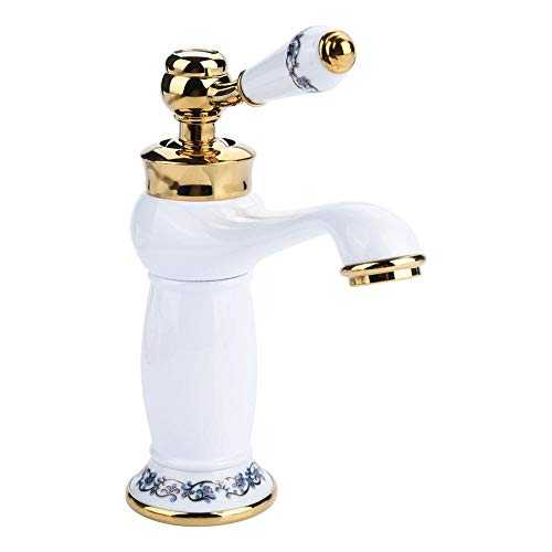 Vintage Floral Ceramic Single Handle Mixer Tap Cold Hot Water Bronze Faucet for Bathroom Basin Sink Home Decoration(White)