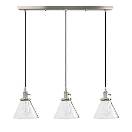 Pathson Industrial Vintage Loft Kitchen Bar 3 Lights Fittings Ceiling Lights Chandelier Cone Clear Glass Light Shade Hanging Pendant Light Lamp Fixture for Living Room Dining Room Bedroom(Brushed)