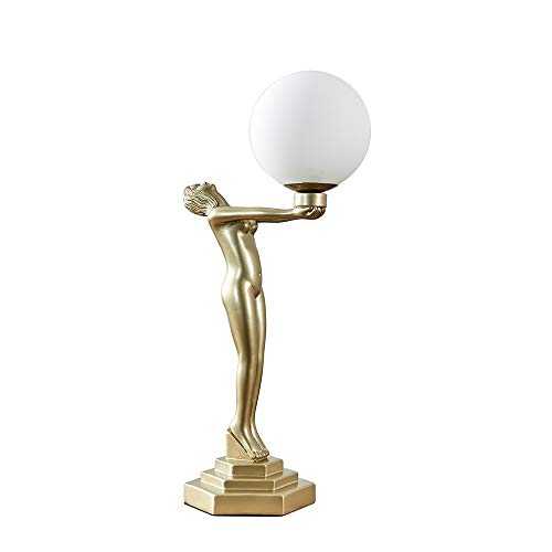 Matt Gold Art Deco Female Holding Light Table Lamp with a White Opal Glass Globe Shade - Complete with a 4w LED Golfball Bulb [3000K Warm White]