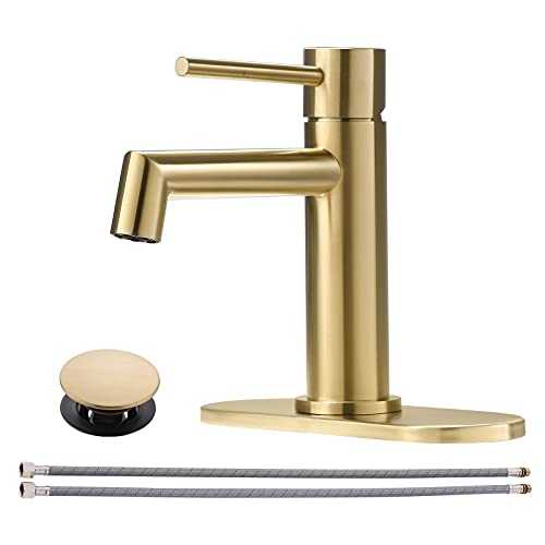 Brushed Gold Bathroom Faucet with Plastic Pop Up Drain, 6.25'' Metal Escutcheon and Supply Lines, Single Handle Stainless Basin Mixer Tap, Modern Bathroom Sink Faucet for 1 or 3 Hole Vanity Sink