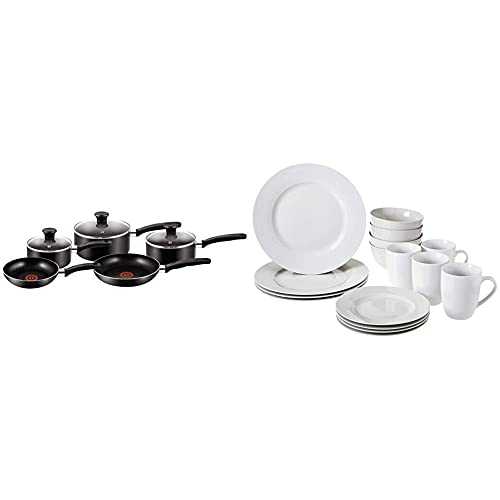 5 Piece, Essential, Pots and Pans Set, Black, Aluminium, Non Stick & Amazon Basics Dinnerware Set, Service for 4, 16-Piece