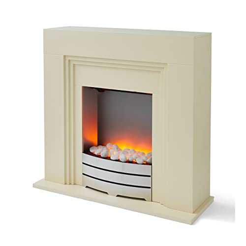 Warmlite WL45011 2000W Work Fireplace Suite with Realistic LED Flame Effect and Adjustable Thermostat, Ivory with Chrome Accents