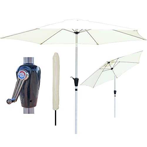 GlamHaus Garden Parasol Tilting Table Umbrella for Outdoors 2.7m, Crank Handle, UV 40+ Protection, Additional Parasol Protection Cover, Gardens and Patios - Robust Aluminium (Cream)