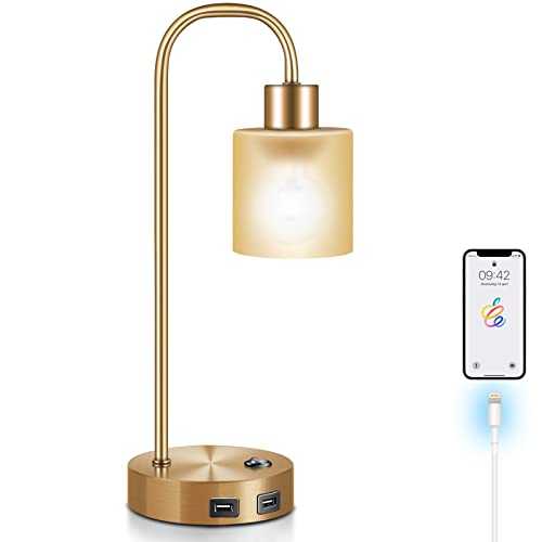 Keymit 3 Way Dimmable Industrial Lamp, 2 USB Ports, Matte Brass Edison Bedside Lamp, Gold Minimalist Table Lamp for Bedroom Living Room, Nightstand, Glass Lampshade, LED Bulb Included