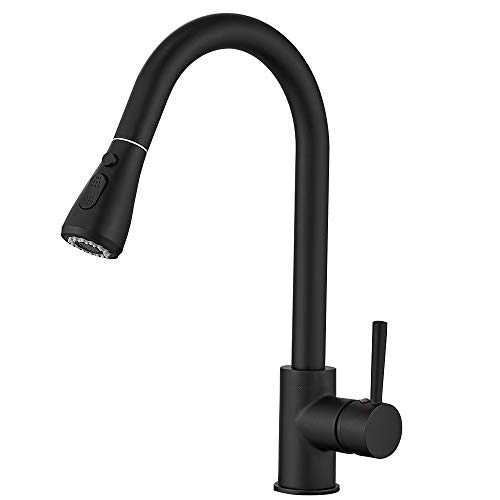 Heable Kitchen Sink Mixer Tap with Pull Down Sprayer Matte Black, Single Handle High Arc Pull Out Kitchen Taps, Single Level Solid Brass Kitchen Faucet with UK Standard Fittings