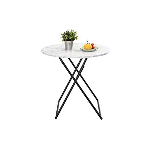 Folding Round Dining Table, Black Metal Folding Tables Leisure Coffee Tables Modern Marble Pattern Top End Tables for Dining Room(Size:80CM,Color:White) (White 80CM)