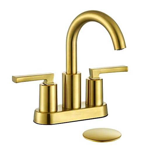 Brushed Gold 4 inch Bathroom Faucet Centerset, Contemporary High-Arc 2-Handle Bath Vanity Sink Faucet Tap for 3-Holes 4-in Center Set, with 360 Degree Swivel Spout & Match Pop Up Drain