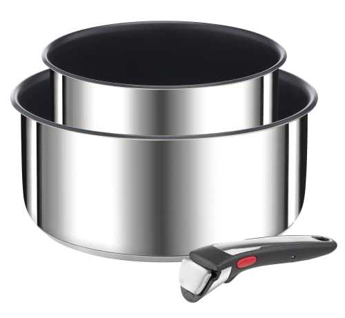 Tefal Ingenio Preference On L9748902 3-Piece Cookware with 16/20 cm Pots and 1 Removable Handle, Stainless Steel Exterior, Non-Stick Coating, Induction, Made in France