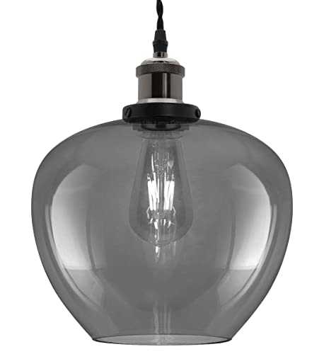 Modern Vintage Glass Globe Pendant Light Smoked Grey Shade with Black Nickel Chrome Ceiling Lamp Holder M0229