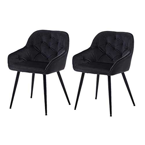 OFCASA Set of 2 Dining Chairs with Armrest Upholstered Velvet Accent Tub Chairs Retro Design Backrest Armchair for Restaurant Reception Lounge, Black