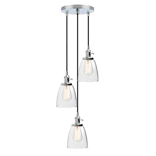 Phansthy Retro Industrial Pendant Lights with Clear Glass Shade, E27 Edison Kitchen Light Fixture 3 Chandelier Flush Mount Ceiling Hanging Lamps for Living Room Dining Room (Chrome)
