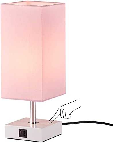 Touch Beside Table Lamp with 2 USB Charging Ports, Seealle 3 way dimmable pink usb table lamp, Nightstand Lamp Touch Lamps for Bedrooms Living Room, Pink Shade with White Base, LED Bulb Included(Pink)