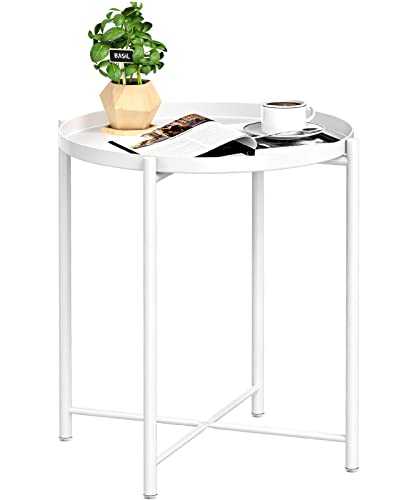 titivate Tray Metal End Table, Round Side Accent Coffee Table, Small Stylish Sofa Snack Table with Anti-Rust and Waterproof Metal Frame for Living Room, Outdoor & Indoor